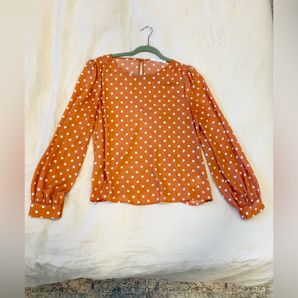 Peach Polka Dots Dressy Long Sleeve Women’s Blouse Shirt